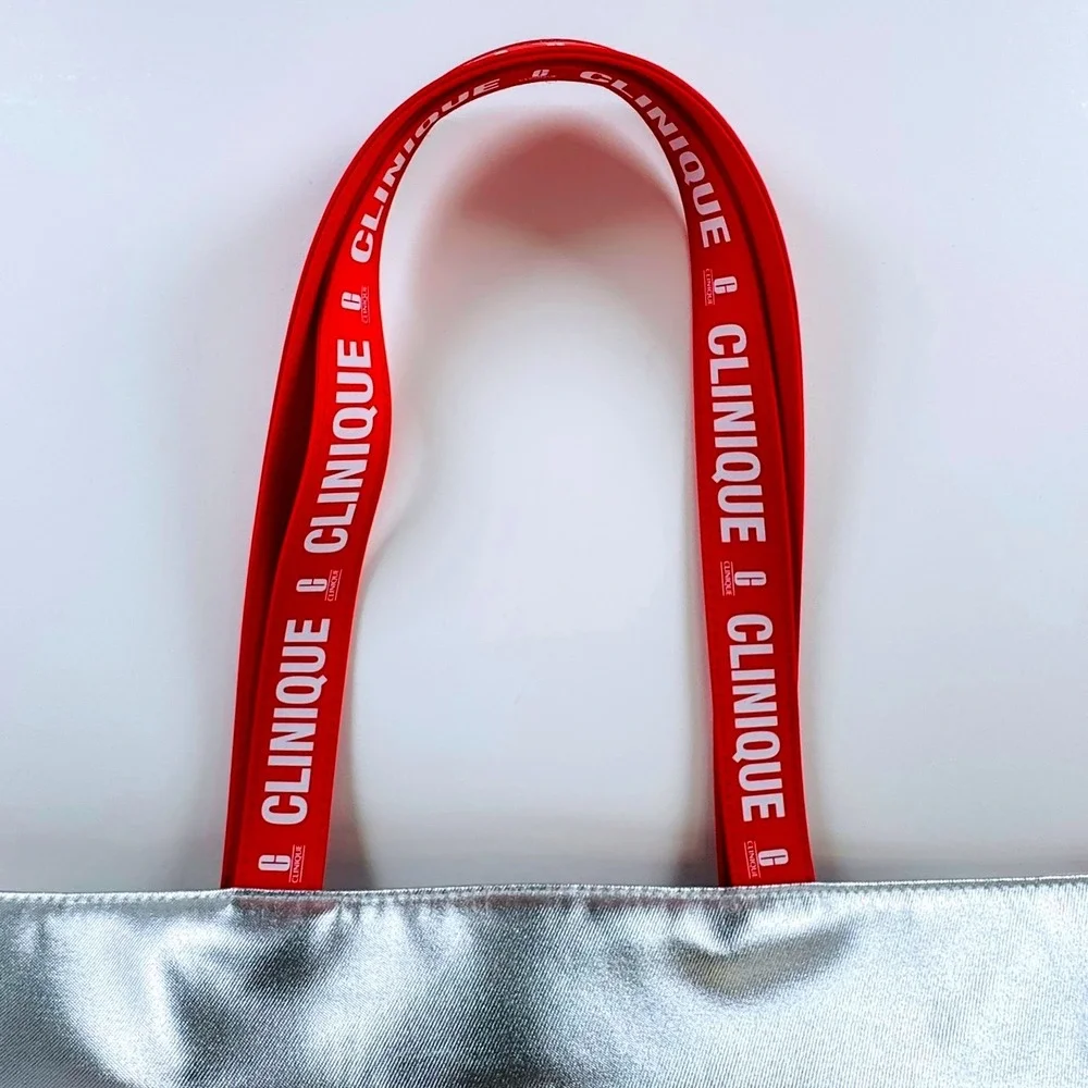 Clinique Metallic Silver Tote Bag Red Logo Handles Peppermint Beach Laptop Gym